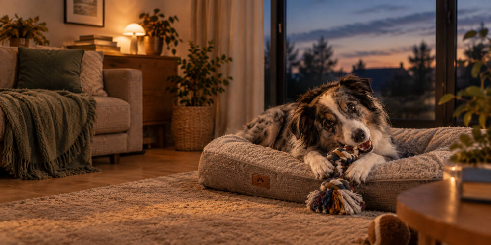 Hund entspannt in seiner Unterkunft an Silvester