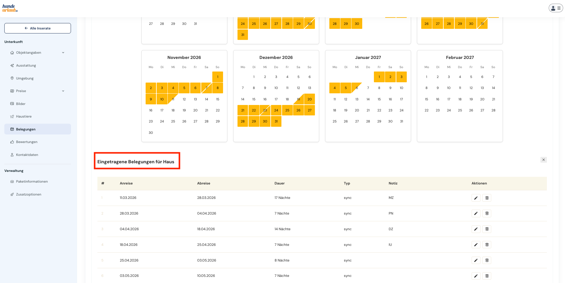 eingetragene belegungen